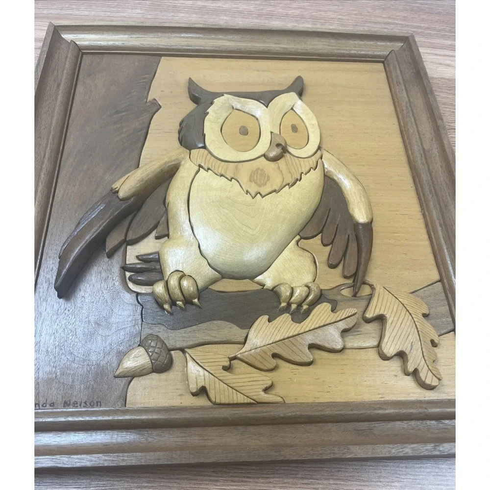 Vintage 3D Intarsia Wood Inlay‎ Owl Framed Wall Hanging Art 15